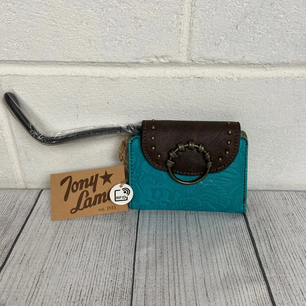 Tony‎ Lama RFID Wallet Turquoise Floral Embossed Western Wristlet Clutch